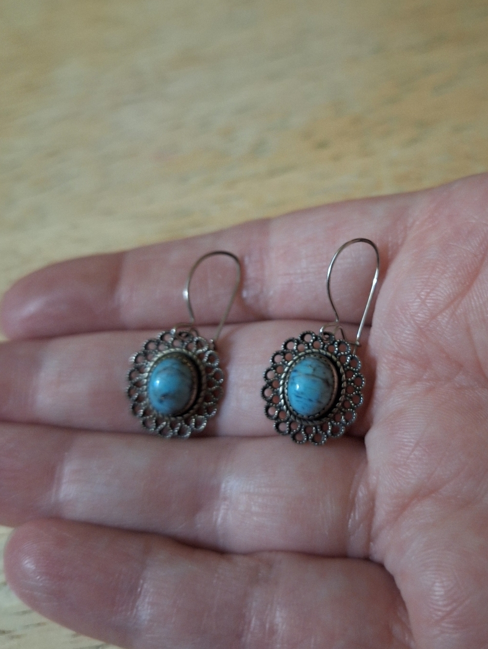 Vintage Silver Plated Filigree  Dangle Earrings  With Marbled Turquoise Center